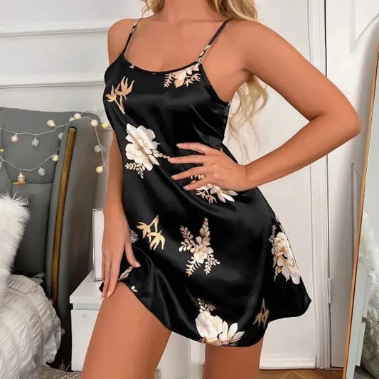Women Nightwear Home Clothes Sexy Black Floral Printing Nightdress Sleepwear Nightshirts Silk Sleepshirts Nightgowns For Woman Chic Le'Meek