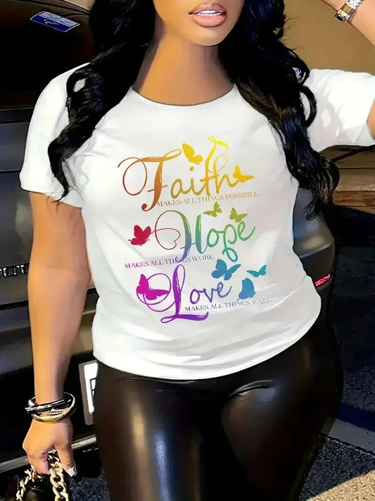 Plus Size Gradient Faith Hope Love Print T-Shirt Temu