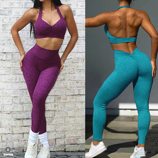 2025 1/2PCS V Back Lycra Pad Pocket Halter Sport Bra Yoga Set Squat Proof Scrunch Legging Workout Pant Gym Fitness Active Suits Chic Le'Meek