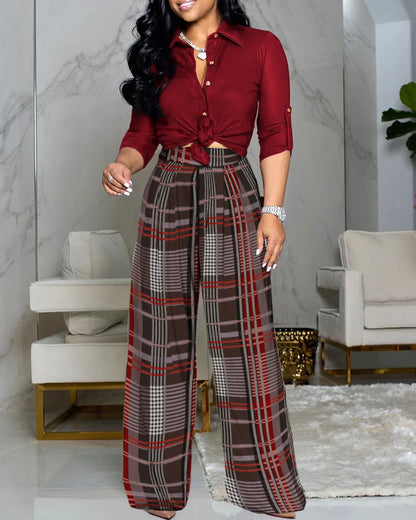 Noworry Fashion 2 Piece Set Women Shirts and Wide Leg Pants Women Casual Print Half Sleeves Top & Design Trouser Two Pieces Set