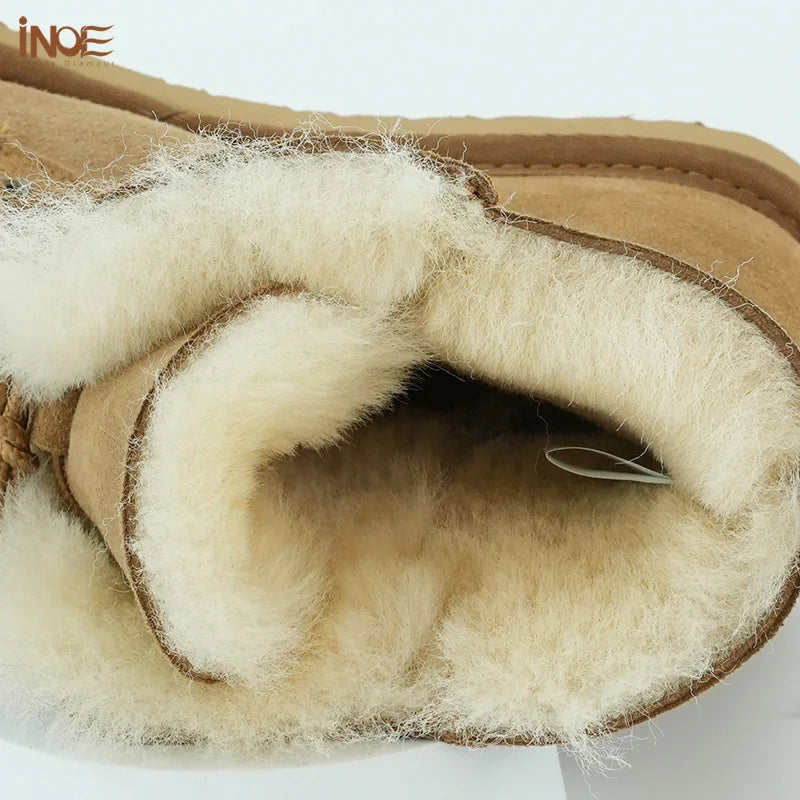 INOE Women Fashion Casual Short Winter Snow Boots Sheepskin Suede Leather Natural Sheep Wool Fur Lined Warm Shoes Waterproof