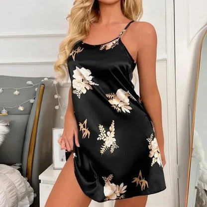 Women Nightwear Home Clothes Sexy Black Floral Printing Nightdress Sleepwear Nightshirts Silk Sleepshirts Nightgowns For Woman Chic Le'Meek