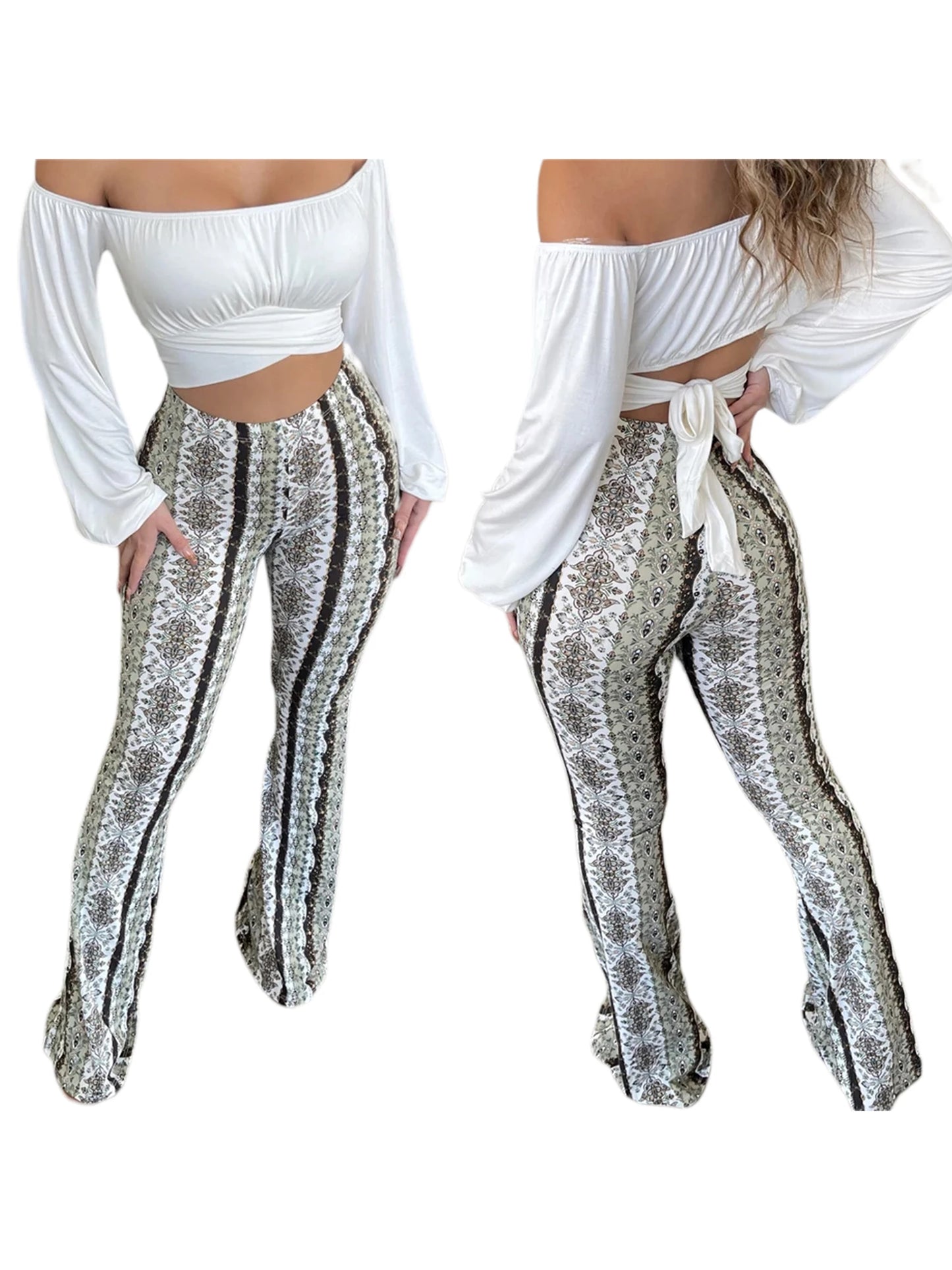 Frauen Boho Flare Pants Ethnic Tribal Print Bell Bottom Yoga Palazzo Hose