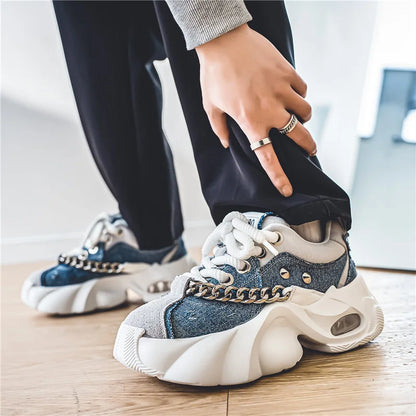 Fashion Blue Denim Casual Sneakers Men Original Designer Platform Shoes Men Increase Heel Hip Hop Chunky Sneakers Mens Trainers