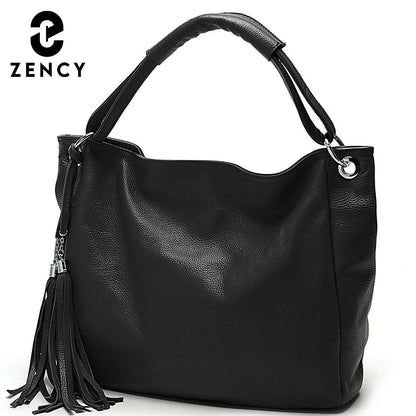 Zency Black White Bag 100% Soft Genuine Leather Tassel Women's Handbag Ladies Shoulder Bags Messenger Satchel Crossbody Purse