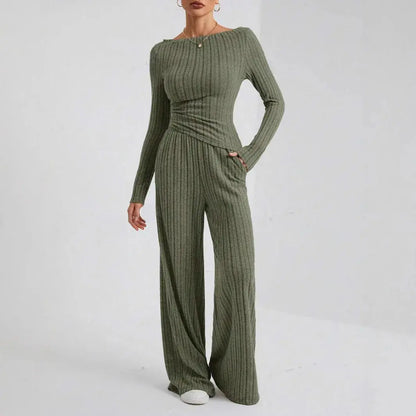2024 Spring Knitted 2 Piece Sets Women Tracksuit Long Sleeve Vintage Sweater Crop Top Flare Pants Stretch Matching Suit Outfit Chic Le'Meek