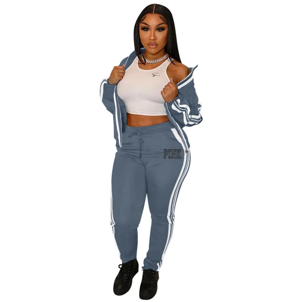 Ladies Tracksuits 2 Piece Set Sports Suit Zipper V Neck Long Sleeve Pink Letter Striped Print Pants Set Zipper Jacket Tops Suit