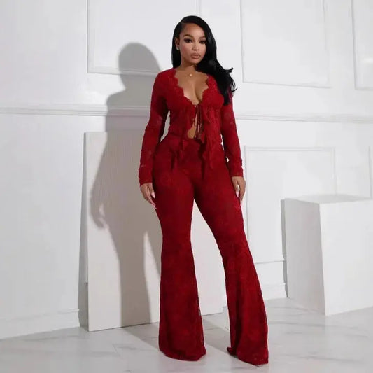 Pant Sets Women Two Pieces Cardigan Lace Sexy Tops Tracksuit Full Wide Leg Pants Loose Fit Casual Spliced High Waist Solid Chic Le'Meek