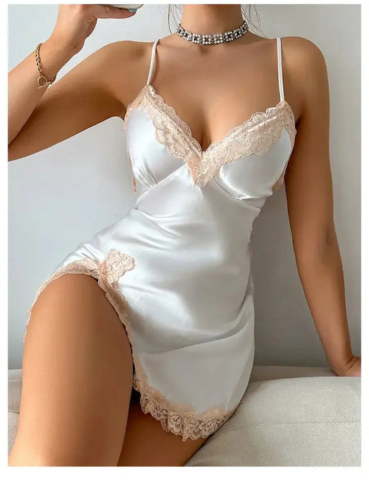Sexy Backless Mini Female Nightgown Lingerie Summer Chemise Sleepwear Suspender Nightdress White Satin Lace Home Wear Loungewear Chic Le'Meek