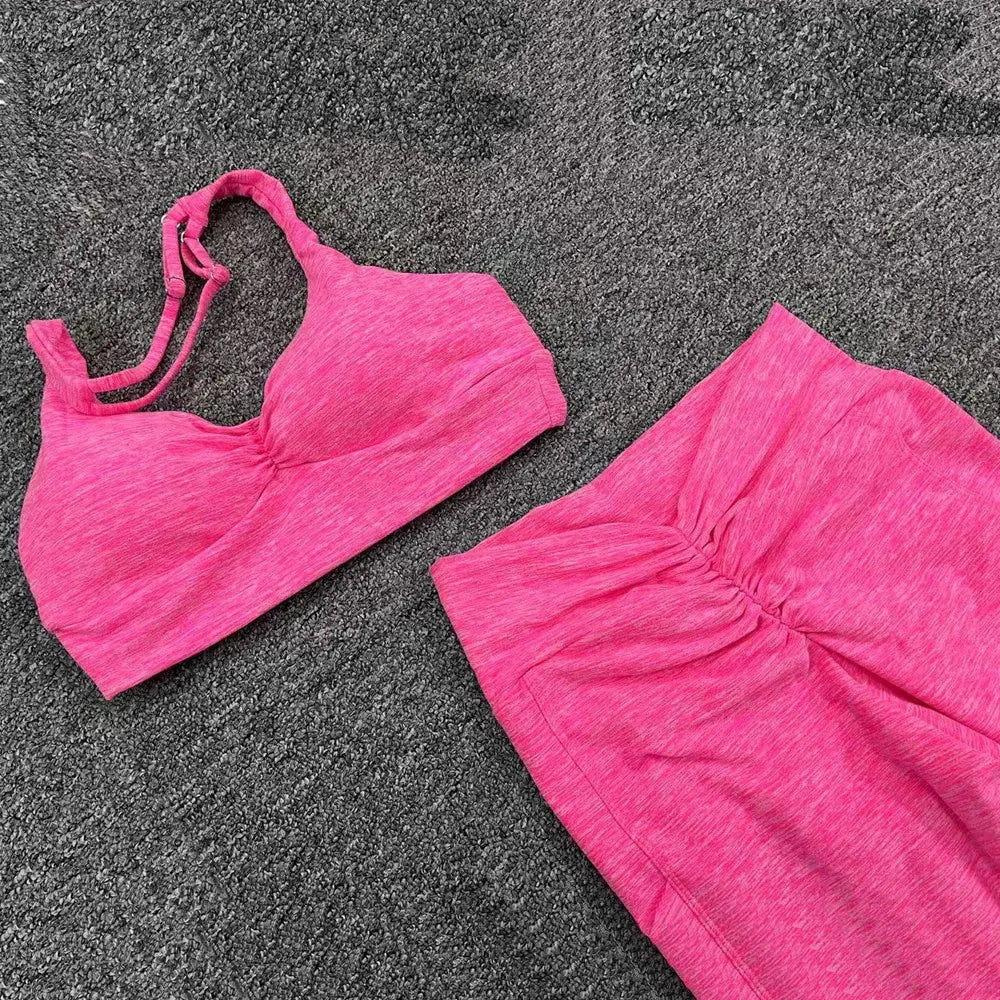 2025 1/2PCS V Back Lycra Pad Pocket Halter Sport Bra Yoga Set Squat Proof Scrunch Legging Workout Pant Gym Fitness Active Suits Chic Le'Meek