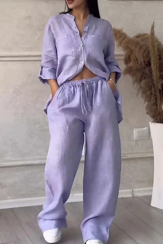 Women Plus Size Two Pieces Set Drawstring Straight Elastic Waist and Long Sleeve Button Shirt Top Matching Set Linen Cotton Set Chic Le'Meek