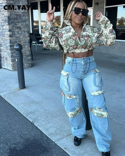 CM.YAYA Washed Denim Women's Set Full Sleeve Floral Jacket and Pockets Cargo Jeans Pants Suit 2024 Street Two 2 Piece Set Outfit Chic Le'Meek