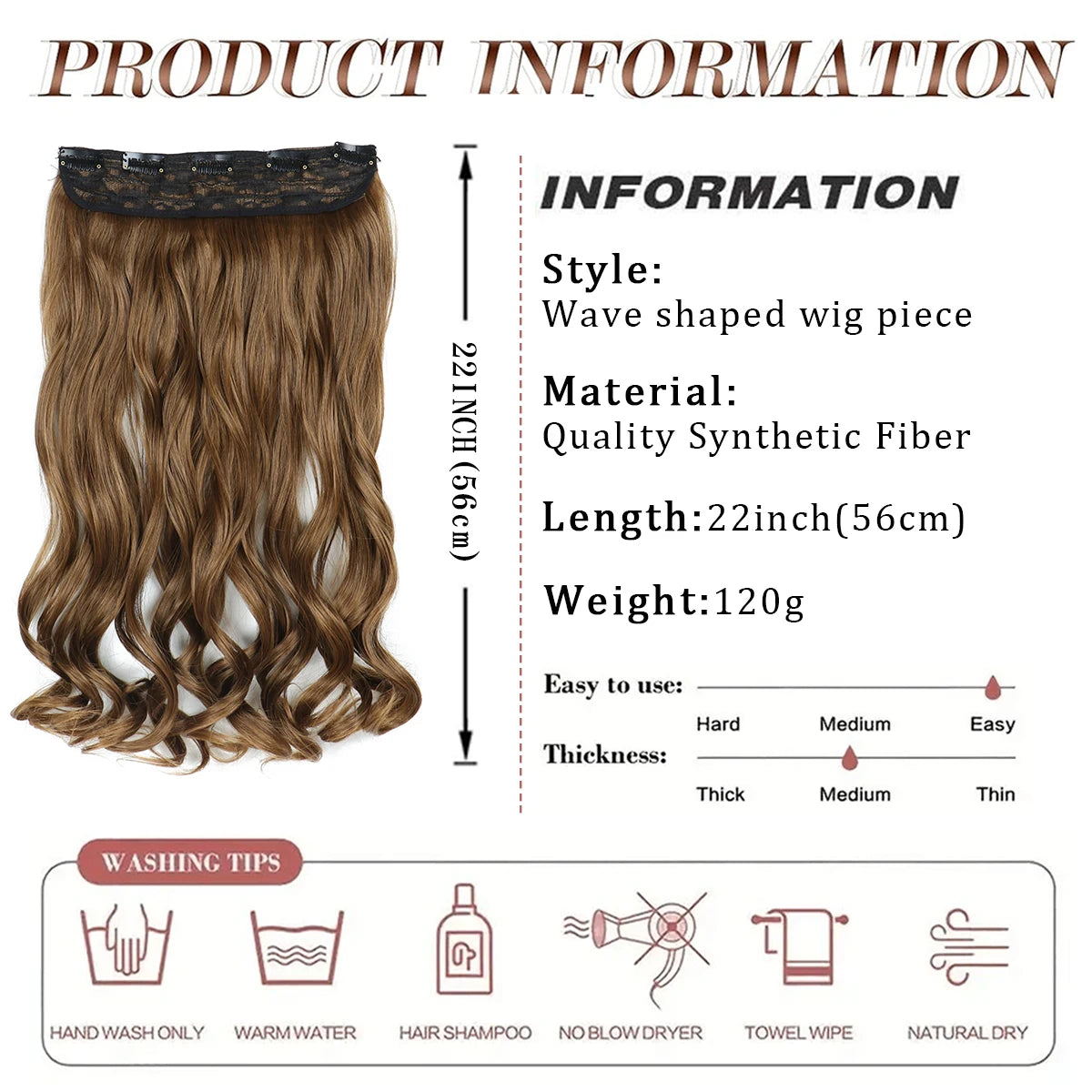 Clip in Hair Extensions, 22Inch One Piece Hair Extension Clip in Wefts Long Thick Beach Wavy Natural Synthetic Hairpieces