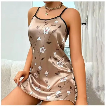 Women's Sleepwear Summer Floral Print Satin Nightgown Casual Sleeveless Backless Slip Night Dress Sexy Nightdress Home Clothes Chic Le'Meek