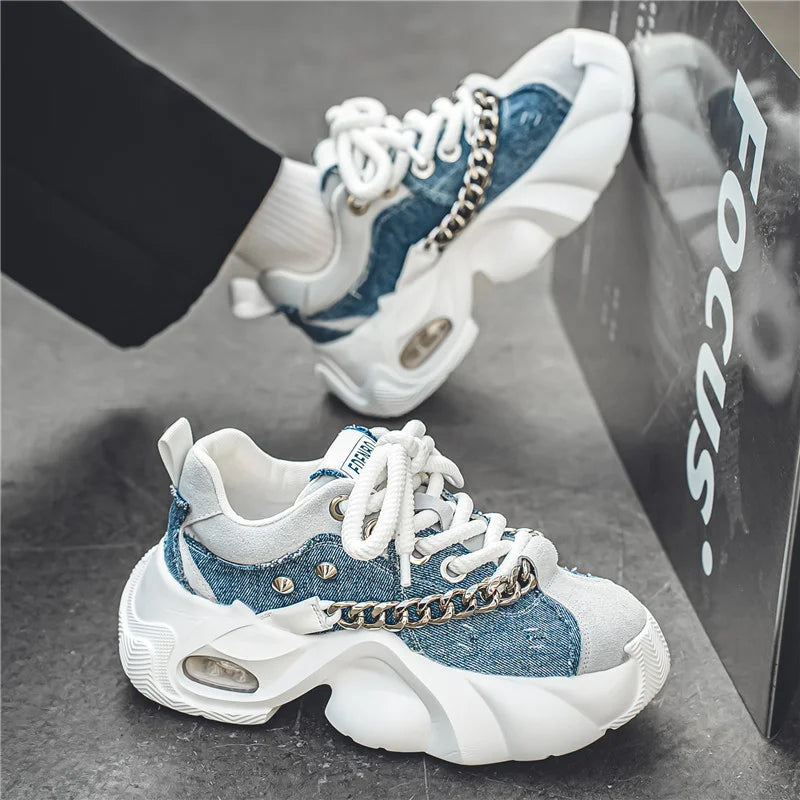 Fashion Blue Denim Casual Sneakers Men Original Designer Platform Shoes Men Increase Heel Hip Hop Chunky Sneakers Mens Trainers