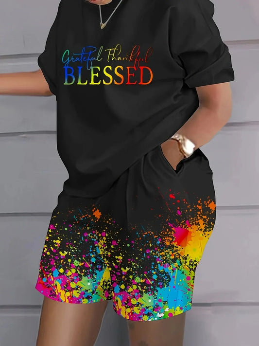 Plus Size Casual Women's 2-piece Set Random Printed Fashionable Short Sleeved Top and Shorts Set Temu
