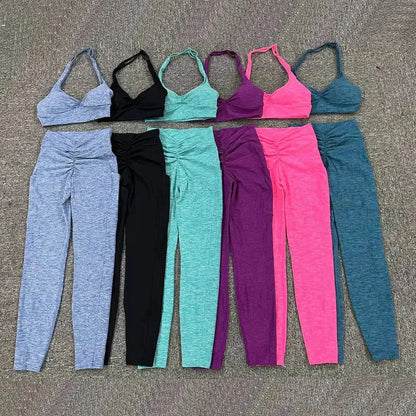 2025 1/2PCS V Back Lycra Pad Pocket Halter Sport Bra Yoga Set Squat Proof Scrunch Legging Workout Pant Gym Fitness Active Suits Chic Le'Meek