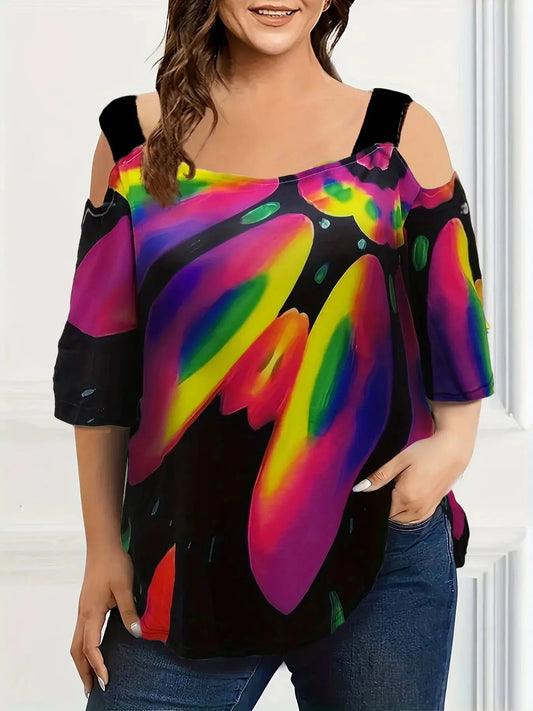 New plus size fashion off-the-shoulder multi-color print Temu