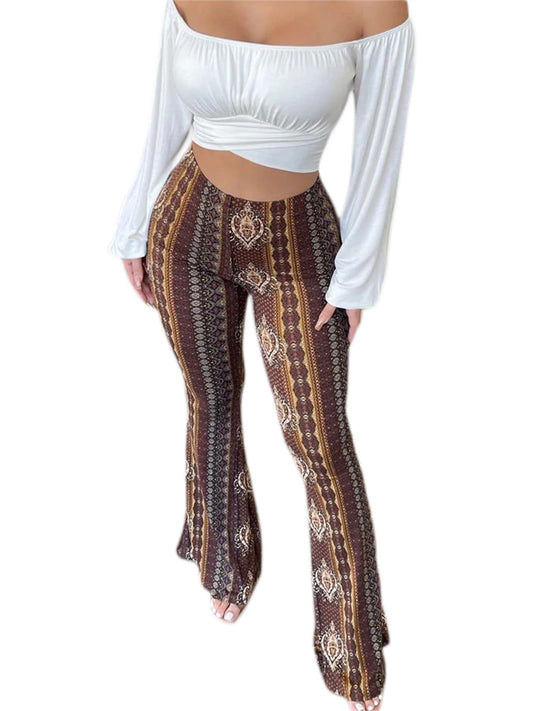 Frauen Boho Flare Pants Ethnic Tribal Print Bell Bottom Yoga Palazzo Hose