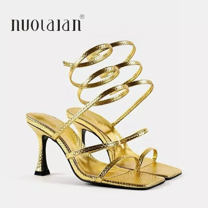 New Arrival Fashion Gold Women High Heels Sandals Thin Low Heel Narrow Band Rome Sandal Summer Gladiator Casual Sandal Shoes