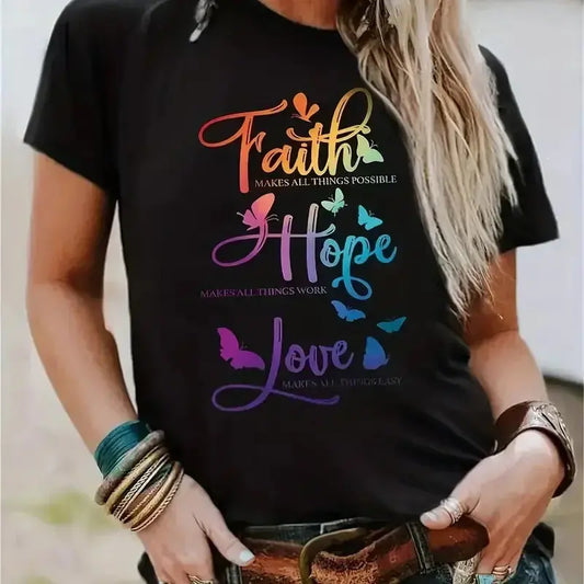 Plus Size Casual T-shirt Women's Plus Butterfly & Slogan Print Short Sleeve Round Neck Slight Stretch T-shirt Chic Le'Meek