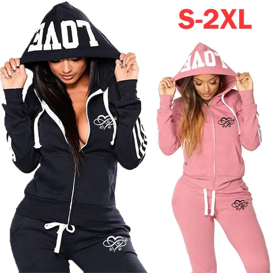 Fashion Heart Print Women Track Suits Sports Wear Jogging Suits Hooded Tracksuit Set Clothes Hoodies+Sweatpants Sweat Suits Chic Le'Meek