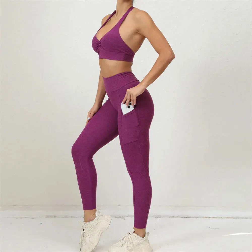2025 1/2PCS V Back Lycra Pad Pocket Halter Sport Bra Yoga Set Squat Proof Scrunch Legging Workout Pant Gym Fitness Active Suits Chic Le'Meek