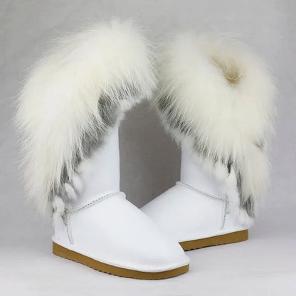 New Fashion Big Natural Fox Fur Snow Boots  High Boots Winter Long Boots