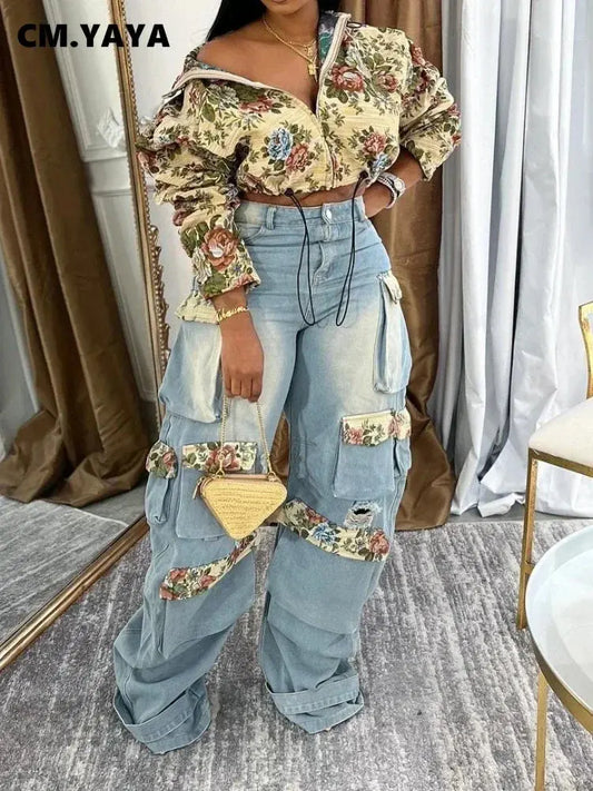 CM.YAYA Washed Denim Women's Set Full Sleeve Floral Jacket and Pockets Cargo Jeans Pants Suit 2024 Street Two 2 Piece Set Outfit Chic Le'Meek