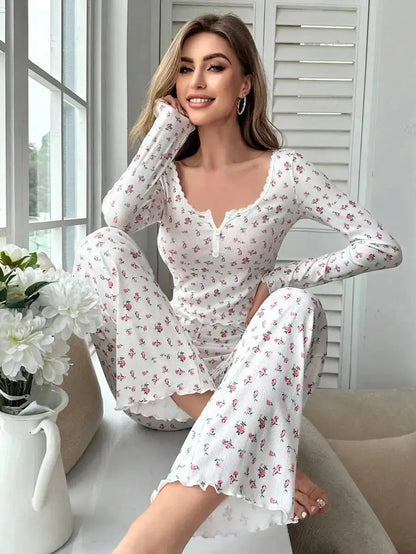 Sleepwear Women Floral Print Lettuce Trim Top with Long Pant Lovely Loungewear Chic Le'Meek