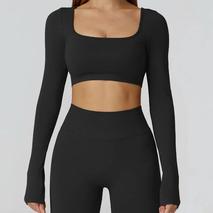 New Sexy Back Hollow Out Long Sleeve Yoga Shirts Square Neck Quick Dry Running Tops Tight Slimming Gym Fitness T-Shirt With Pads Chic Le'Meek