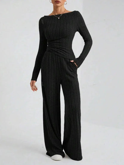 2024 Spring Knitted 2 Piece Sets Women Tracksuit Long Sleeve Vintage Sweater Crop Top Flare Pants Stretch Matching Suit Outfit Chic Le'Meek