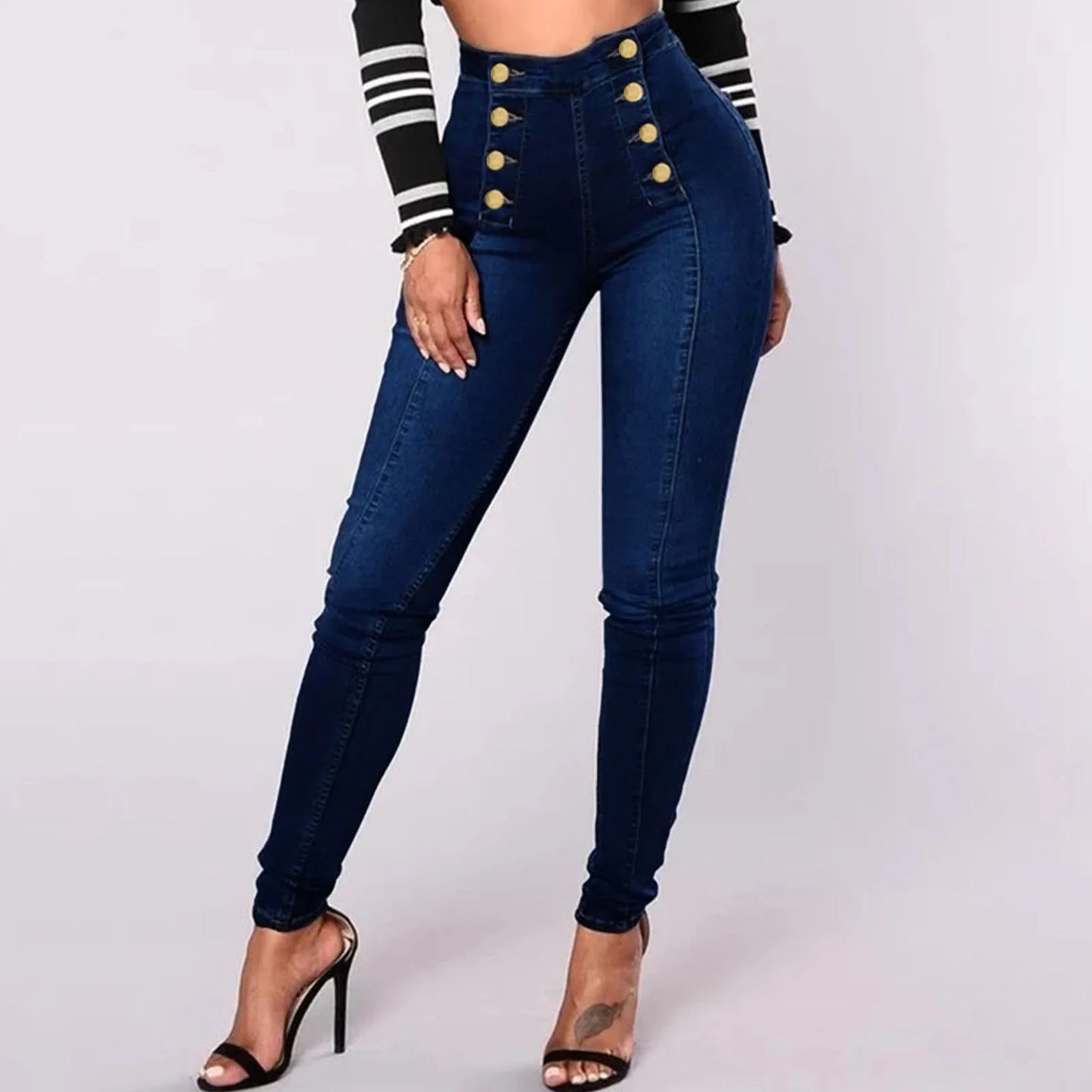 High Waist Jeans Trousers Breasted Multi Button Women Cargo Pants High Waist Jeans Elastic Double Breasted High Waist Streetwear