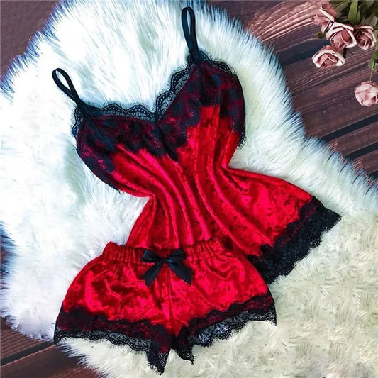 Sexy Lingerie Women Sleep Wear Camisole Bow Shorts V-Neck Tops Velvet Pajamas Sleepwear пижама женская Hot Chic Le'Meek