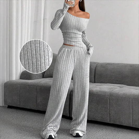 2024 Spring Knitted 2 Piece Sets Women Tracksuit Long Sleeve Vintage Sweater Crop Top Flare Pants Stretch Matching Suit Outfit Chic Le'Meek