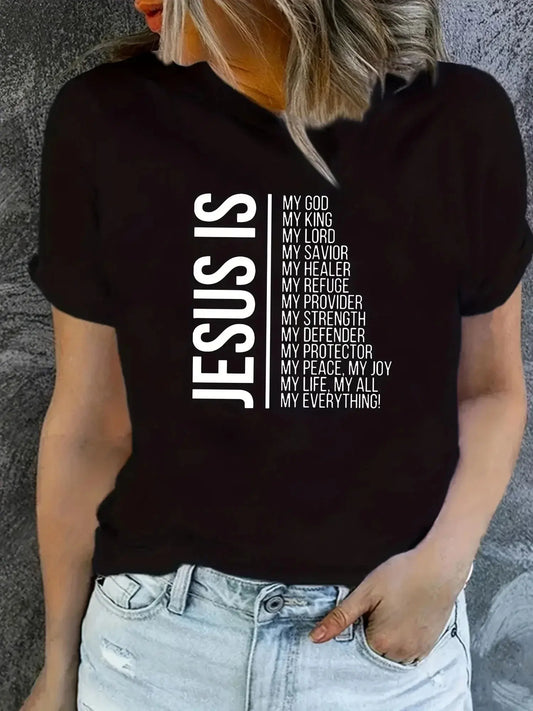 Jesus Is Print Faith Graphic T-Shirt, Short Sleeve Crew Neck Temu