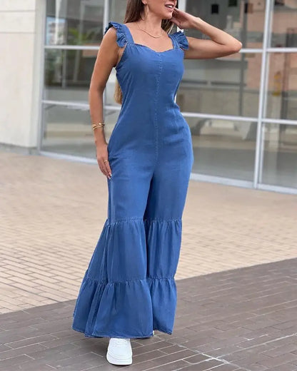 Women Solid Elegant Flying Sleeves Flare Pants Sexy Denim Pants Jumpsuit 2023