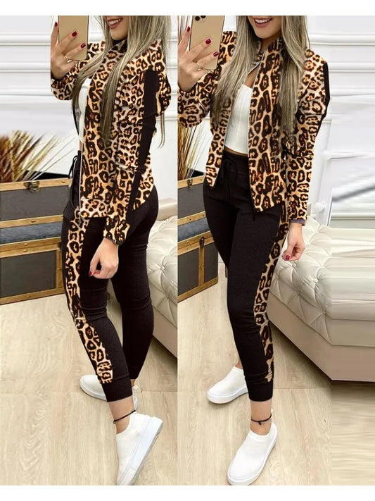 Trend Leopard 2 Two Piece Set Women Outfits Activewear Zipper Top Leggings Women Matching Set Tracksuit Female Outfits for Women