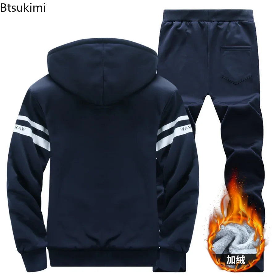 2024 Men's Thicken Warm Tracksuit Set Cardigan Fleece Hood Jacket+Pants Sweatshirts Male 2 Piece Sets Hoodies Suit Coat Big Size