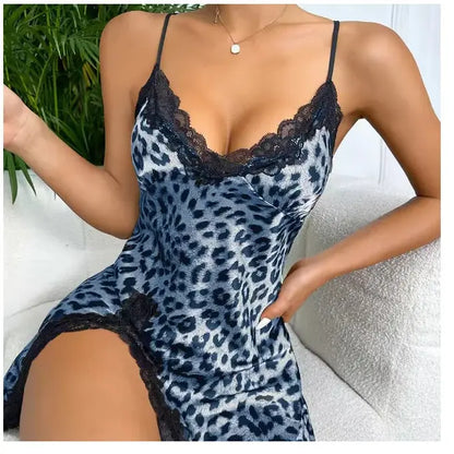 Lace Trim Leopard Nightdress V Neck Backless Side Split Slip Sleep Dress Women's Sleepwear Dresses Chic Le'Meek