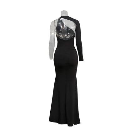 Spring Fall Longuette Long-sleeved Elastic Force Single Sleeve Slim Long Women's Dress Chic Le'Meek