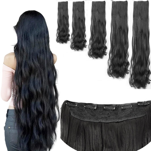 14-40 Inch Long Curly Hair Synthetic Wig Extension Clip Hair Big Wave 5 Clips Invisible Seamless Heat-Resistant Women's