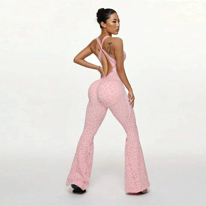 Women Leopard Sports Jumpsuits Flared Bodycon Tracksuits Crossover Bandage Yoga Workout Fitness Gym Training Athletic Tights Chic Le'Meek