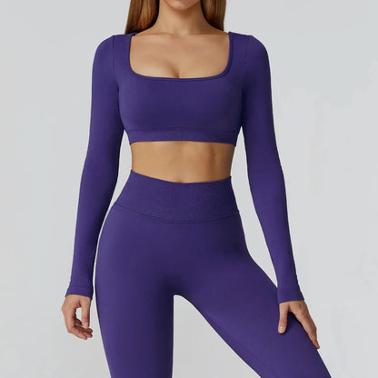 Seamless Casual Quick Dry Sportswear Women Square Neck Gym Top Women Fitness Sports Crop Top Female Long Sleeve Yoga Clothing Chic Le'Meek