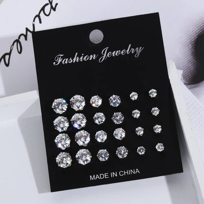 6/12 Pair Mixed Size White&Black Color Cubic Zircon Stud Earrings SET Shine Crystal Ear Studs for Men&Women Punk Party Jewelry