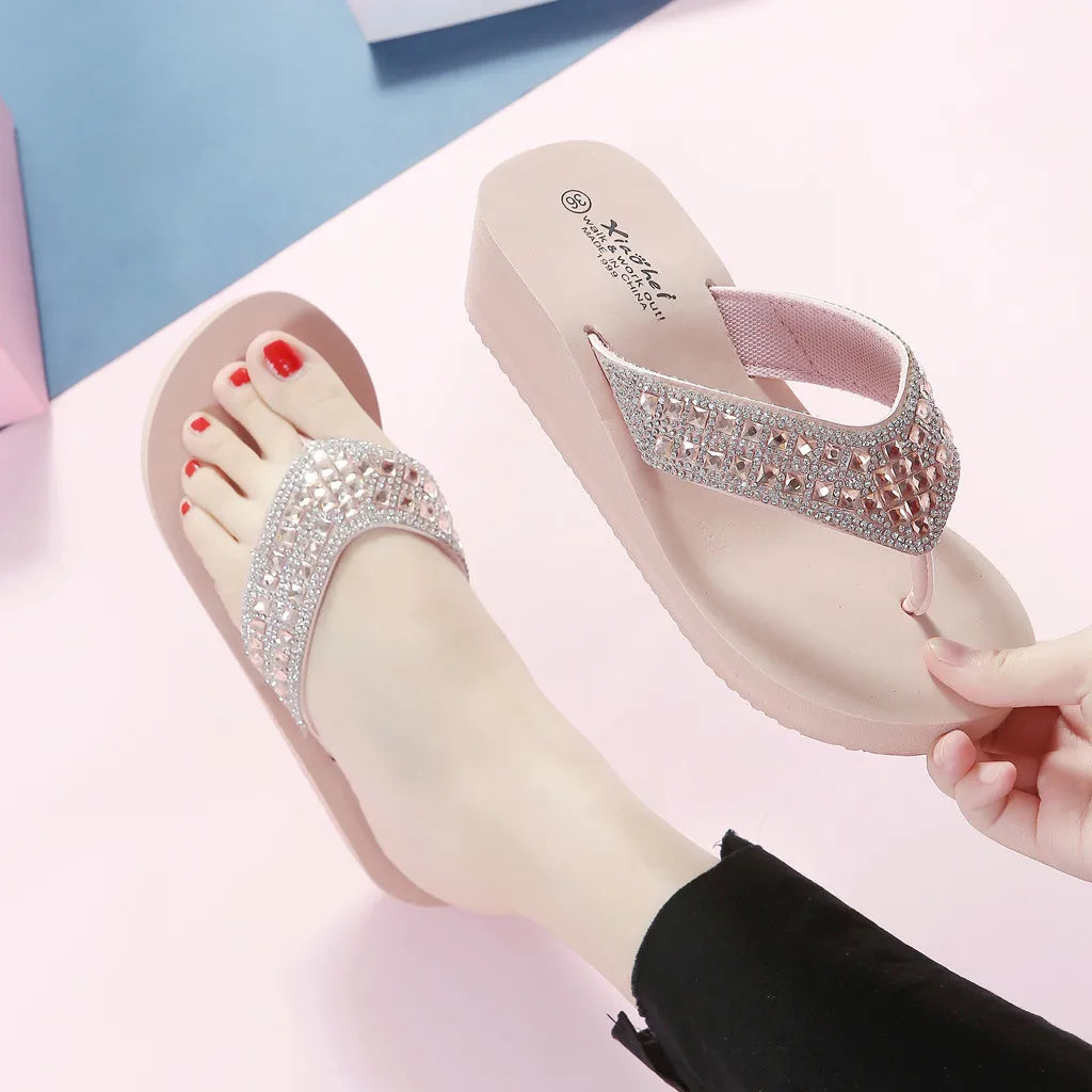 Fashion Rhinestones Slippers Women Wedges Platform High Heels Sandals Summer Women Beach Flip Flops Slides 2023 Slippers Women