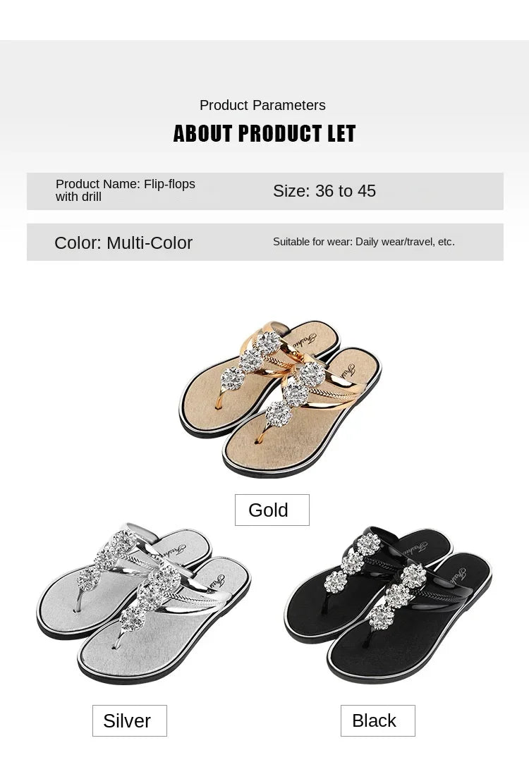 Women's Shoelace Diamond Slippers Women's Large Size Flip-flops 2024 Women's Slippers Summer Sandals New Flat Silver