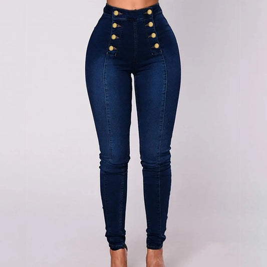 High Waist Jeans Trousers Breasted Multi Button Women Cargo Pants High Waist Jeans Elastic Double Breasted High Waist Streetwear