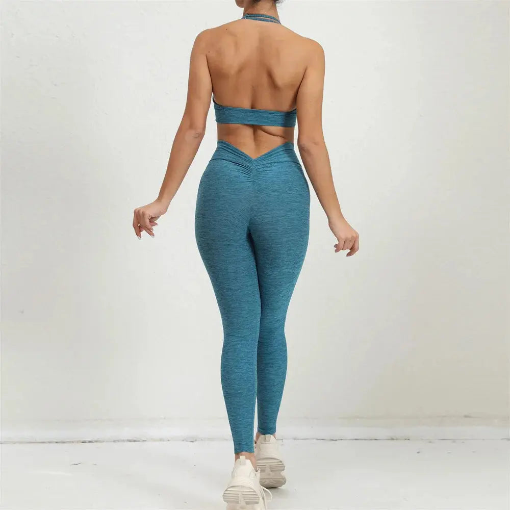 2025 1/2PCS V Back Lycra Pad Pocket Halter Sport Bra Yoga Set Squat Proof Scrunch Legging Workout Pant Gym Fitness Active Suits Chic Le'Meek