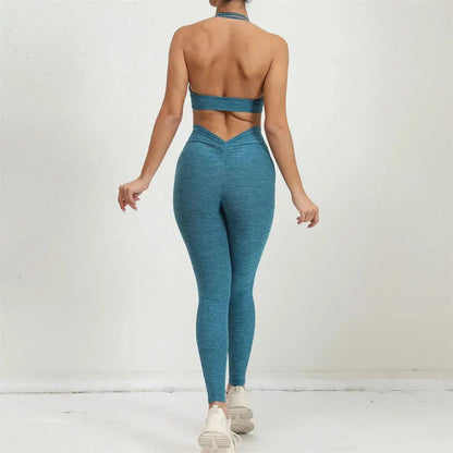 2025 1/2PCS V Back Lycra Pad Pocket Halter Sport Bra Yoga Set Squat Proof Scrunch Legging Workout Pant Gym Fitness Active Suits Chic Le'Meek